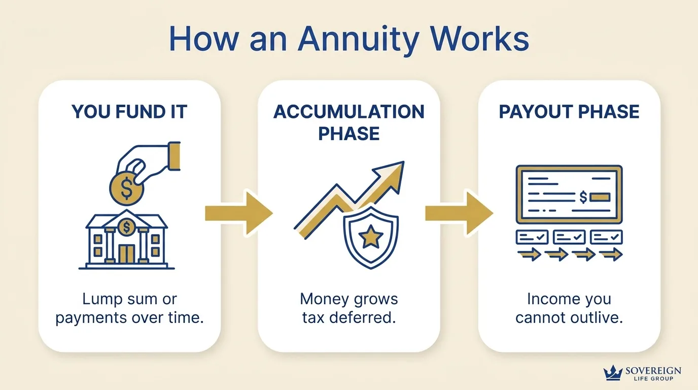 Diagram showing how a deferred annuity works, from premium to tax deferred accumulation to lifetime income payout