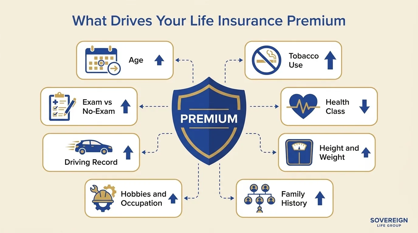 Infographic diagram of the factors that drive your life insurance premium, including age, tobacco use, health class, height and weight, family history, hobbies and occupation, driving record, and exam versus no-exam
