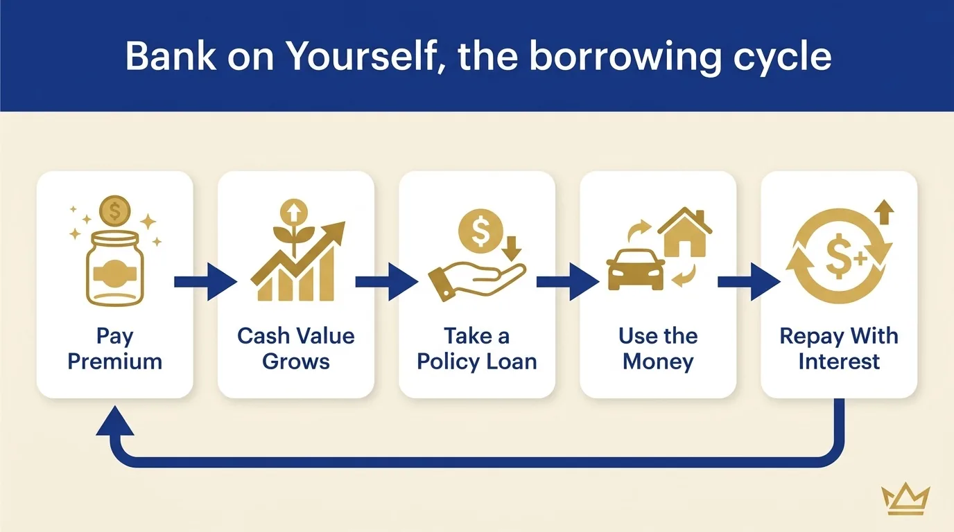 Flow diagram of how the Bank on Yourself method works: pay premium, cash value grows with interest and dividends, take a policy loan, use the money, repay the loan with interest, and repeat the cycle