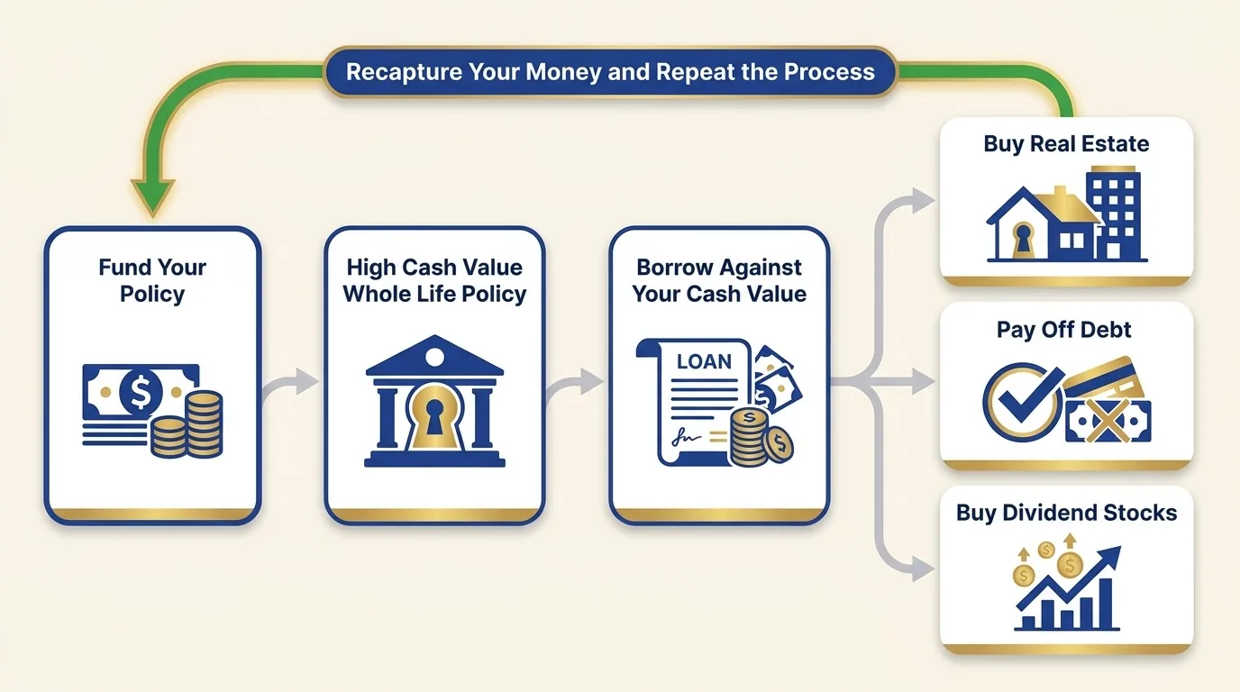 the be your own bank infinite banking loop, fund borrow use repay repeat
