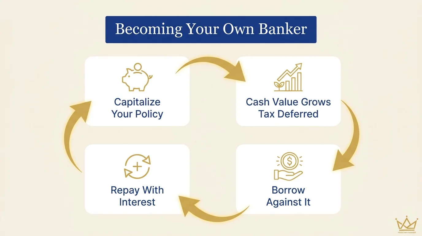 diagrama de resumen de becoming your own banker que muestra el ciclo de banca infinita: fondear una póliza de vida entera, acumular valor en efectivo, pedir prestado contra él y reembolsar con interés