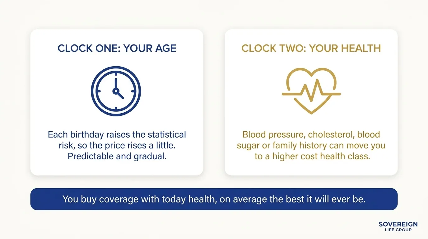 Two clocks diagram showing how age and health both raise the best age to buy life insurance