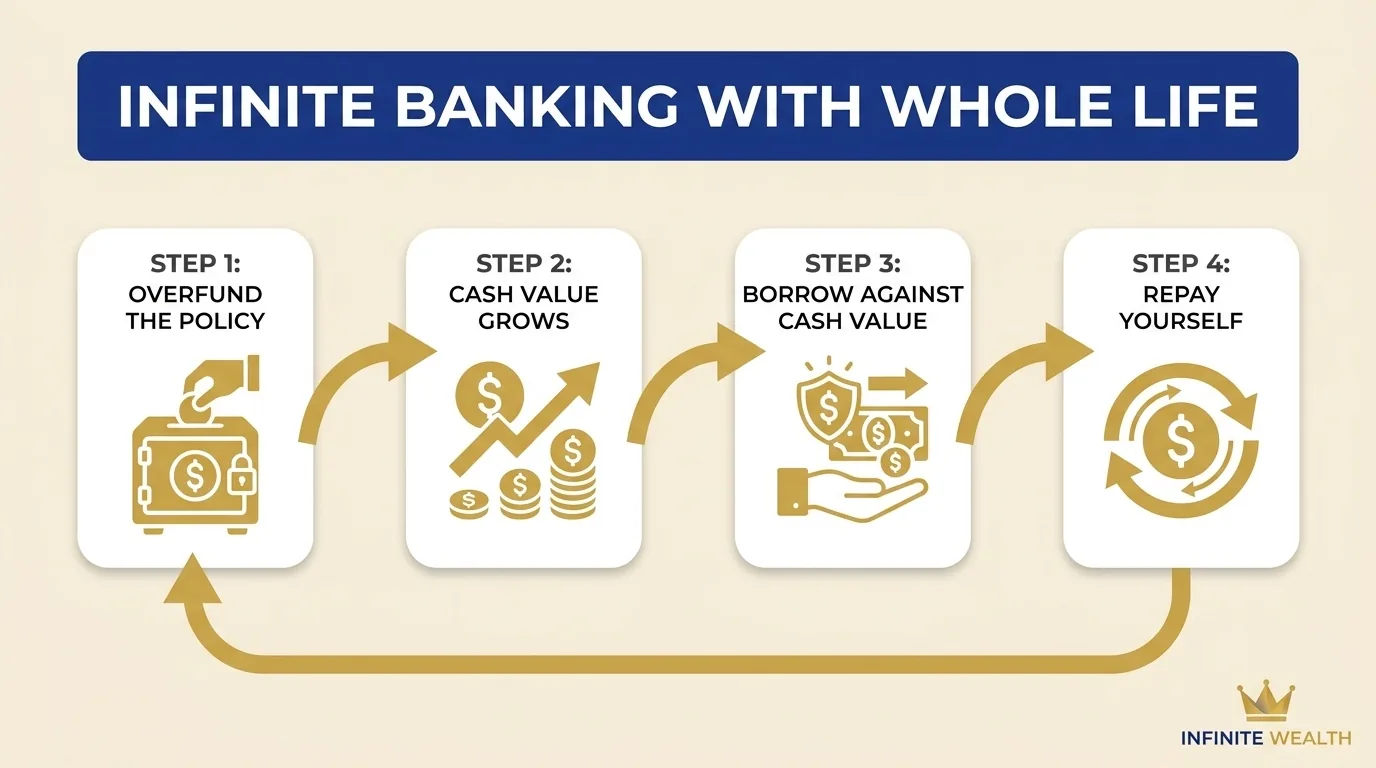 diagram of how infinite banking works with a whole life policy, from overfunding the policy to building cash value to borrowing against it and repaying