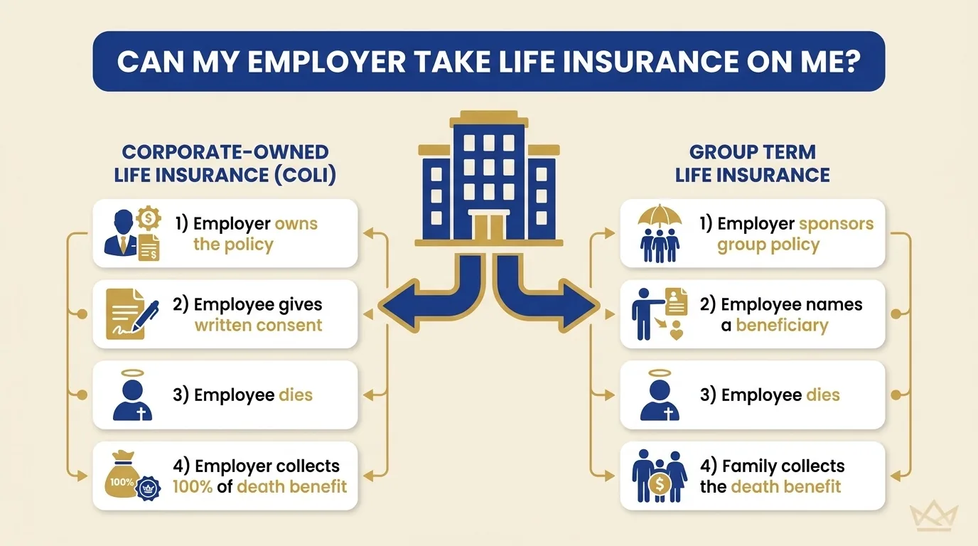 Flow diagram showing the two types of employer life insurance: the COLI path where the employer is owner and beneficiary and collects the death benefit, and the group term path where the employer sponsors the policy but the employee names a beneficiary and the family collects