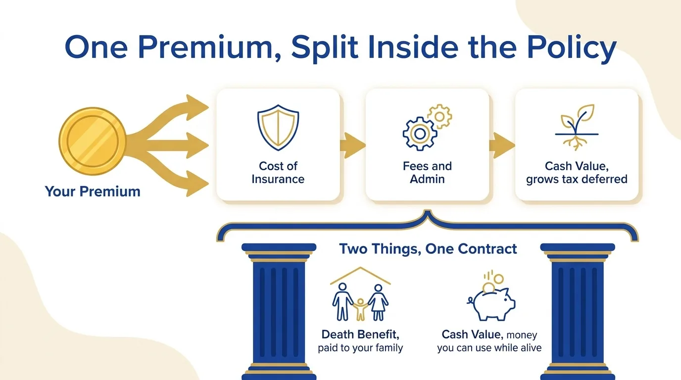 Diagram showing how a cash value life insurance premium splits into cost of insurance, fees, and cash value inside one permanent policy