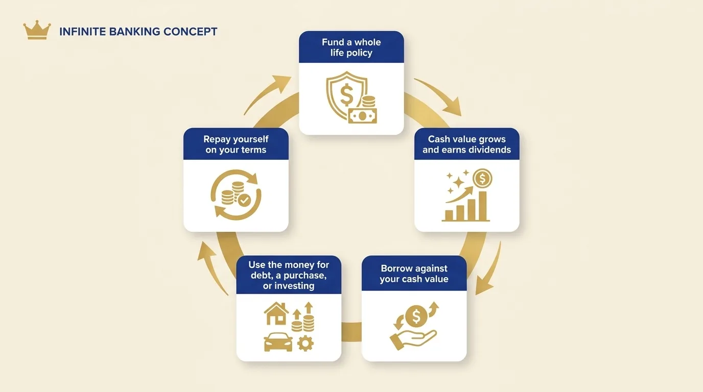 Flow diagram of the Chris Naugle infinite banking concept showing fund a whole life policy, build cash value, borrow against it, use the money, then repay yourself and repeat