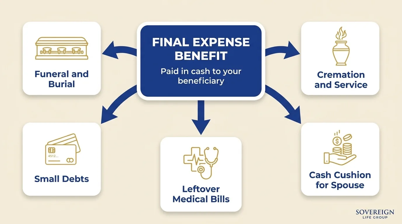 Diagram showing what a final expense insurance benefit covers, paid in cash to your beneficiary