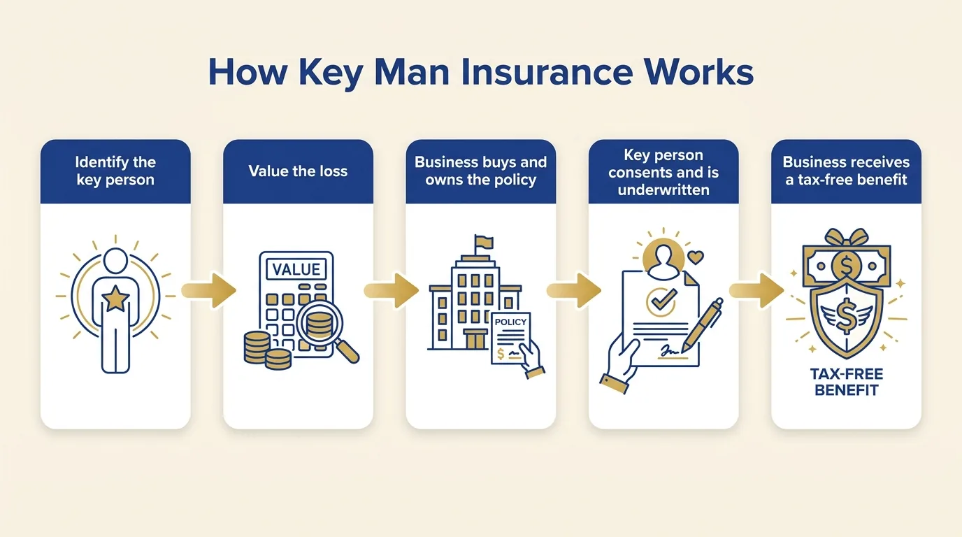 Flow diagram showing how key man insurance works: the business identifies a key person, values the financial loss, buys and owns a policy with the business as beneficiary, the key person consents and completes underwriting, and if that person passes the business receives a tax-free benefit to cover hiring, debt, and lost profit