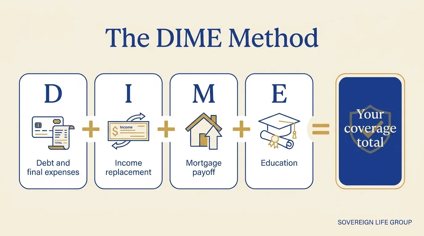 Diagram of the DIME method for life insurance: Debt, Income, Mortgage, and Education added together to reach a coverage total