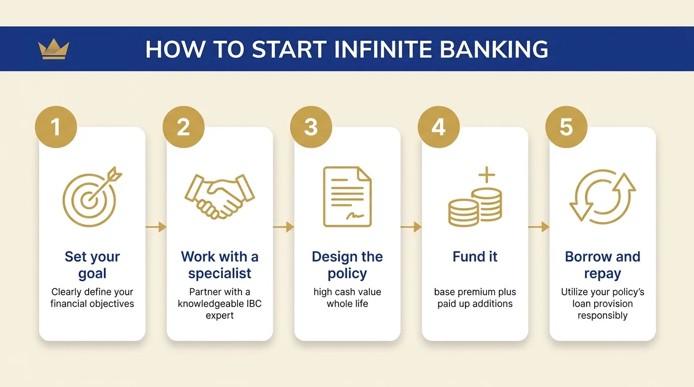 Five step diagram showing how to start infinite banking: set your goal, work with a specialist, design a high cash value whole life policy, fund it with base premium plus paid up additions, then borrow and repay