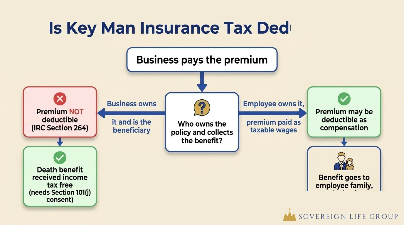 decision flow diagram showing whether key man insurance is tax deductible based on who owns the policy and who is the beneficiary