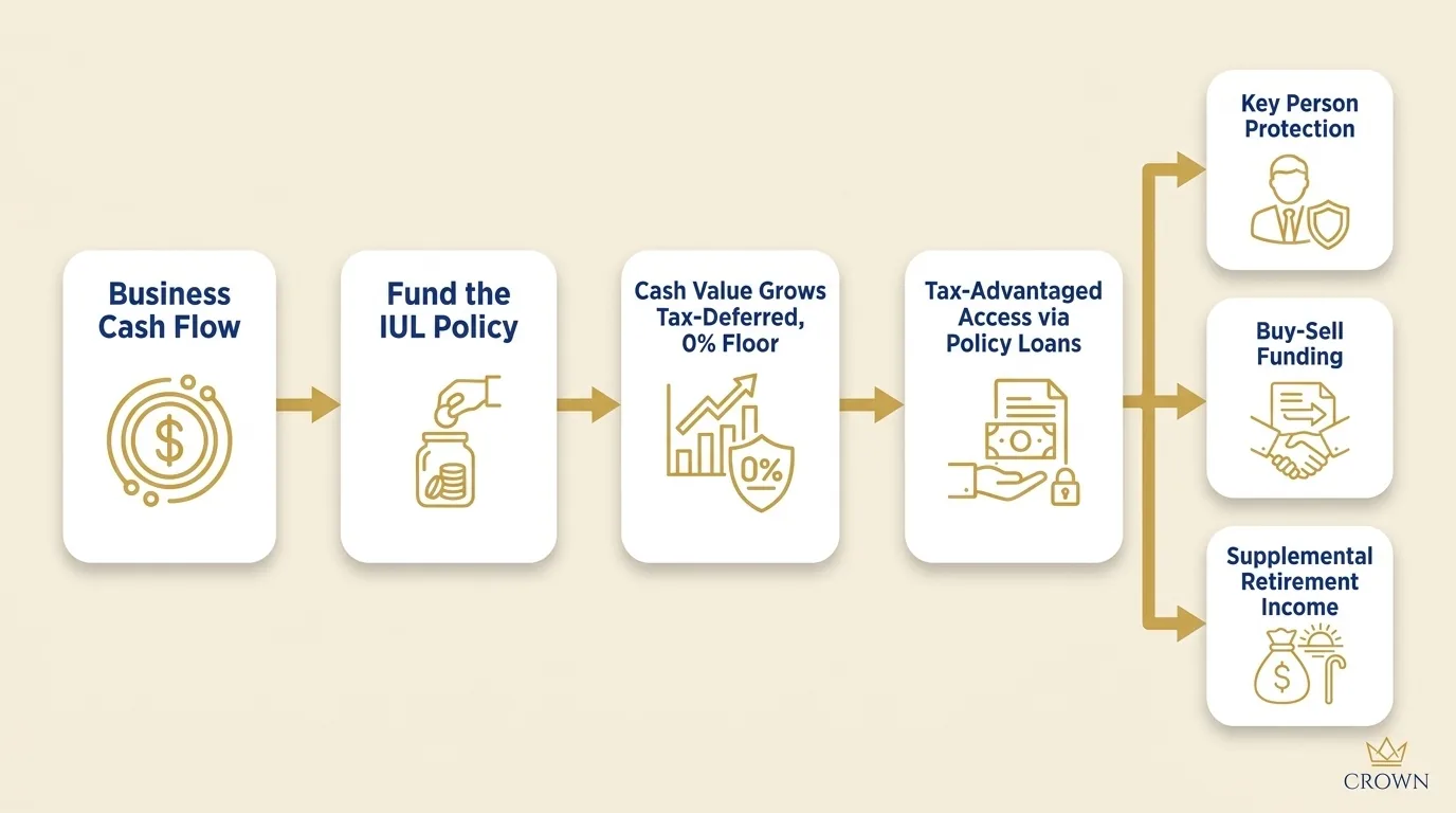 Diagrama de flujo que muestra cómo un empresario financia un IUL y usa el valor en efectivo para la protección de persona clave, el financiamiento de compraventa y el ingreso de retiro complementario
