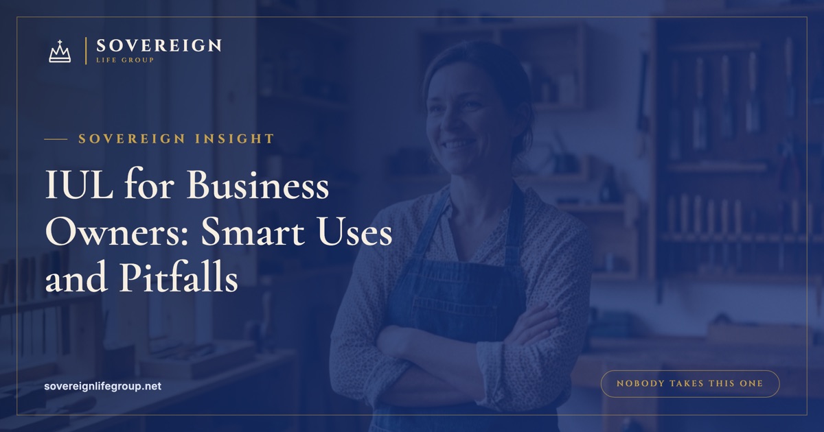 A small business owner reviewing an IUL for business owners strategy at a laptop, weighing key person coverage and cash value
