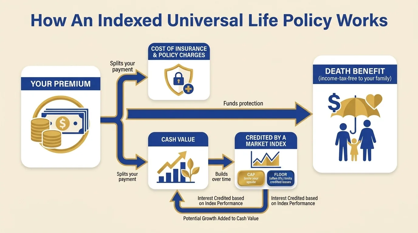 Diagram showing how an IUL premium splits between cost of insurance and cash value in the IUL vs 401k comparison