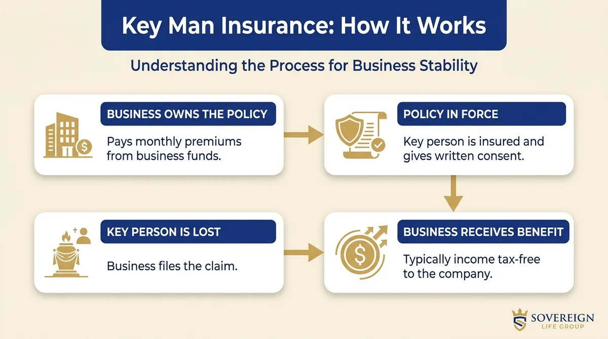 Flow diagram showing how key man insurance works: the business buys and owns a policy on a key employee, pays monthly premiums, and receives the death benefit if that person passes away during the coverage period