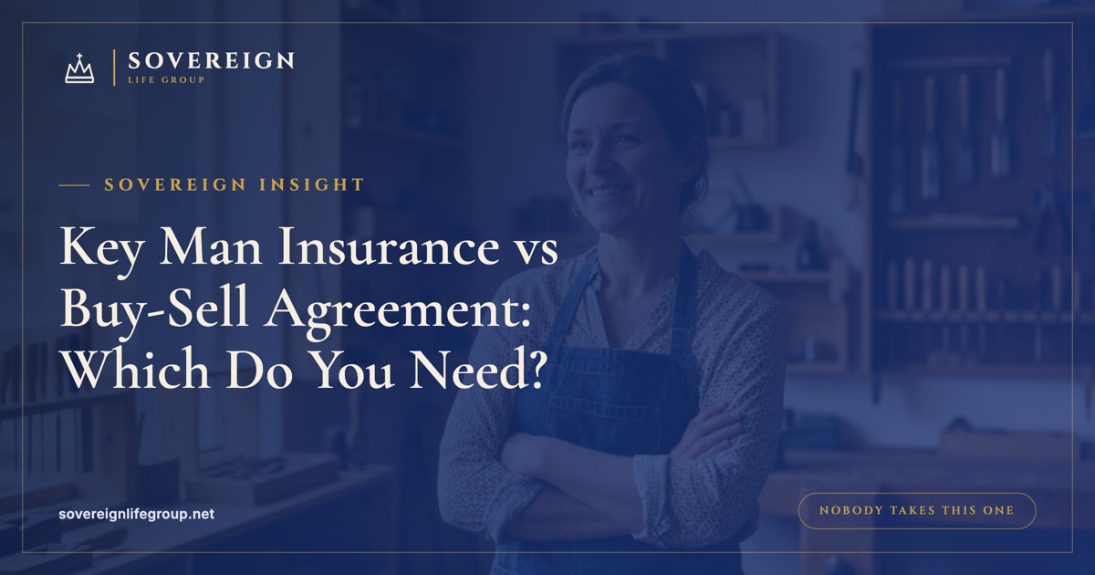 Two business partners at a table weighing key man insurance vs buy sell agreement options for their company