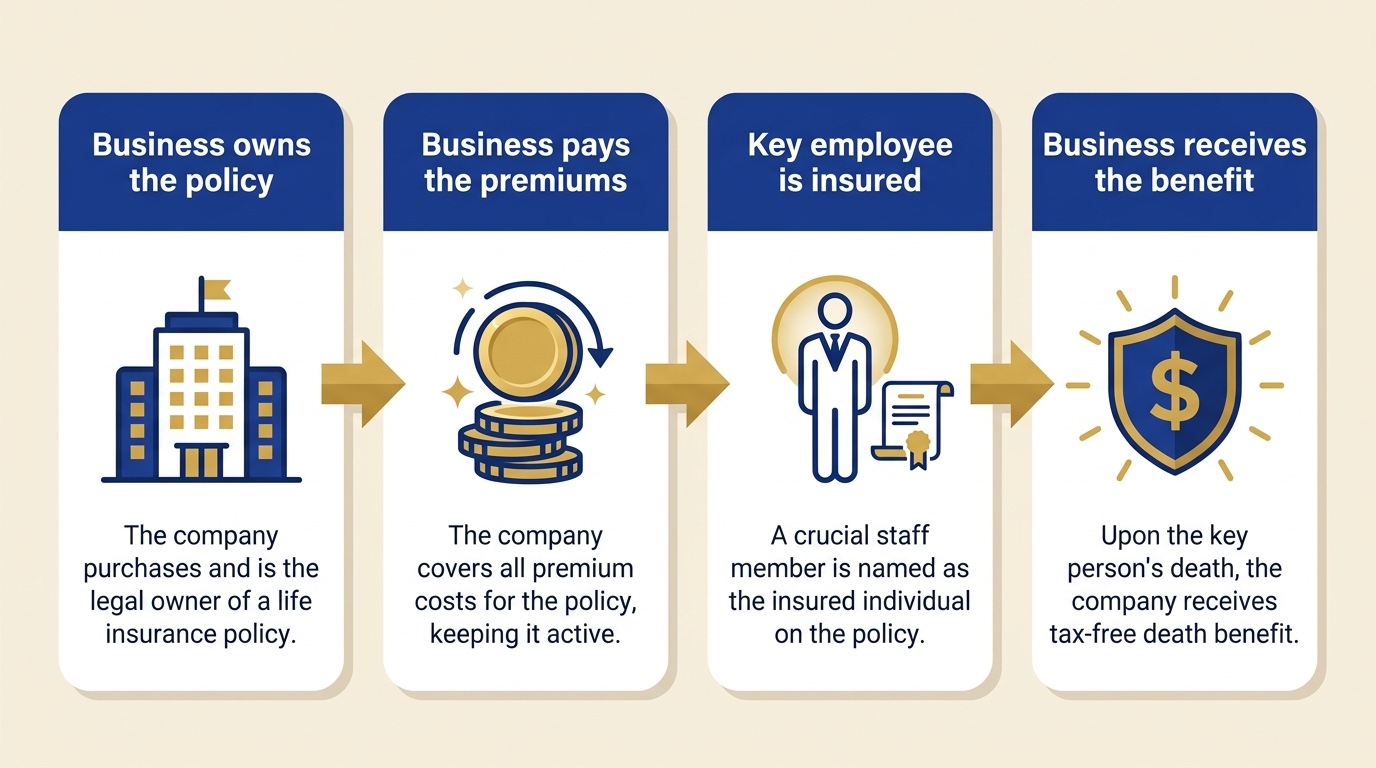 Diagram showing how key person insurance works: the business owns the policy, pays the premiums, insures a key employee, and receives the benefit