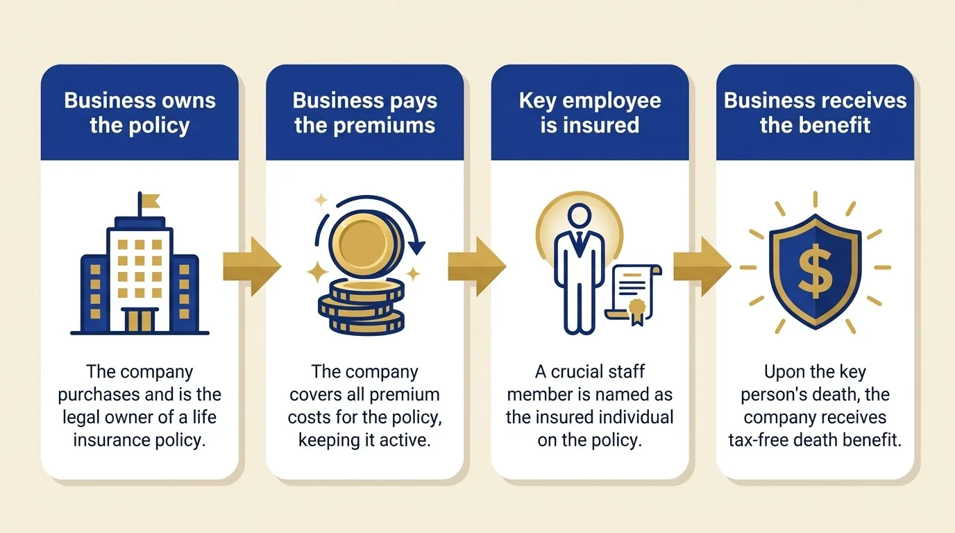 Diagram showing how key person insurance works: the business owns the policy, pays the premiums, insures a key employee, and receives the benefit
