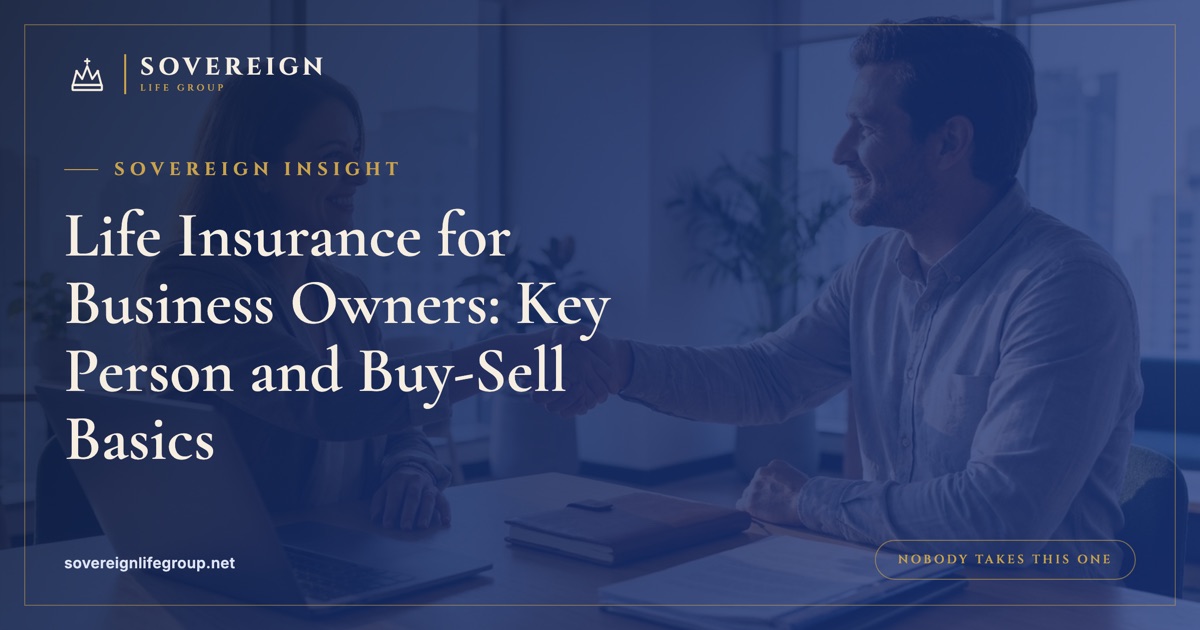 A small business owner reviewing key person insurance coverage for the company with a team behind them