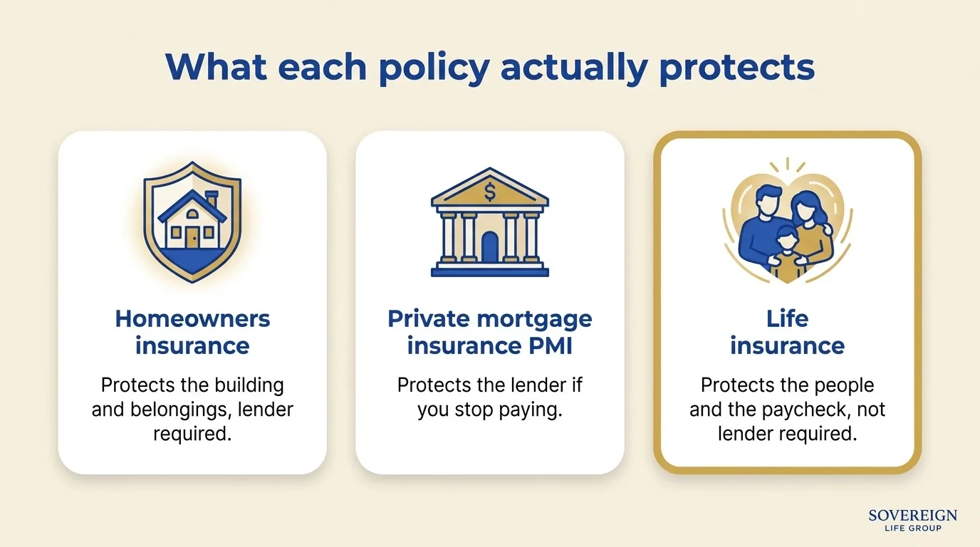 Diagram comparing homeowners insurance, PMI, and life insurance after buying a house and what each one protects