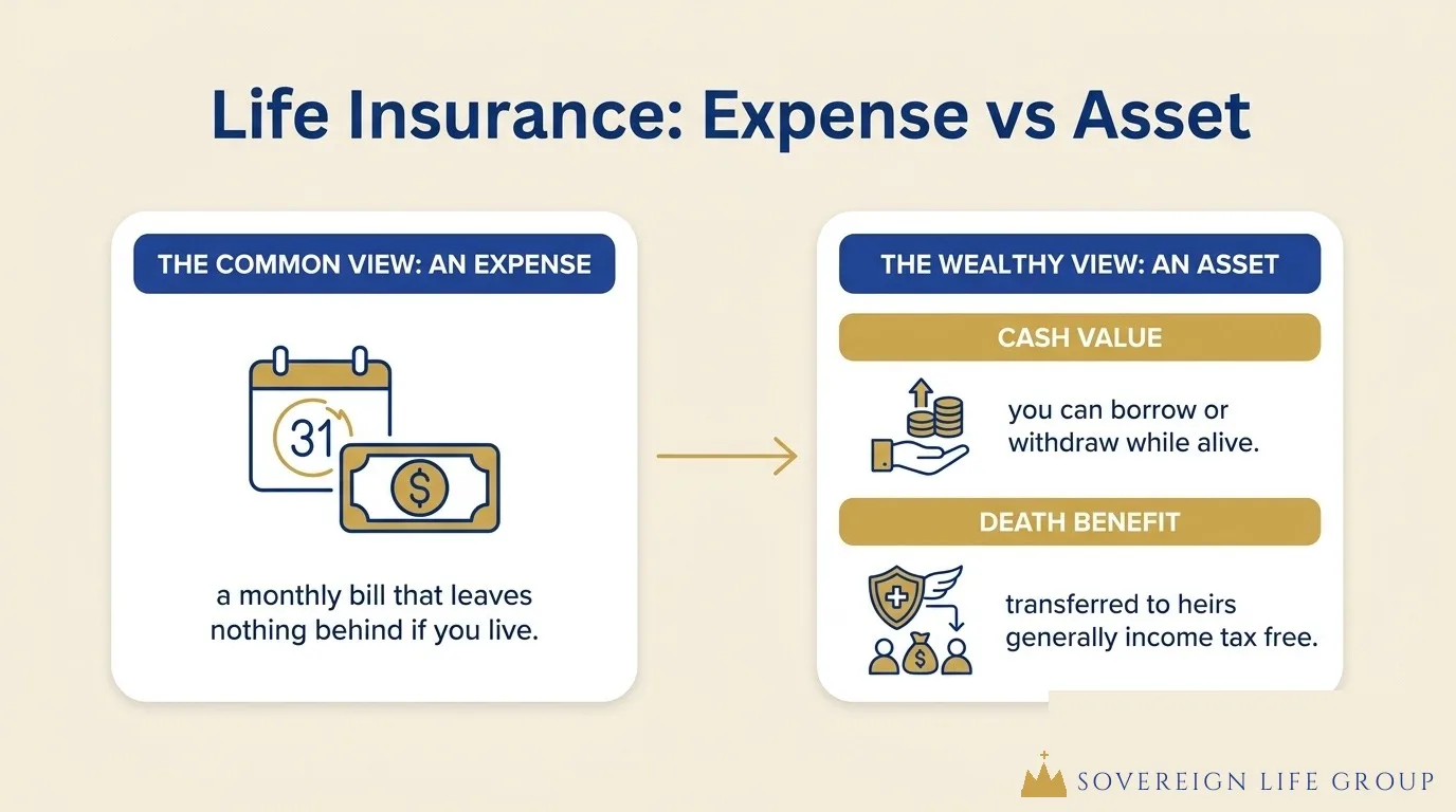 Diagram contrasting the common view of life insurance as a monthly expense with the wealthy view of life insurance as an asset holding cash value you can use now and a death benefit you transfer later