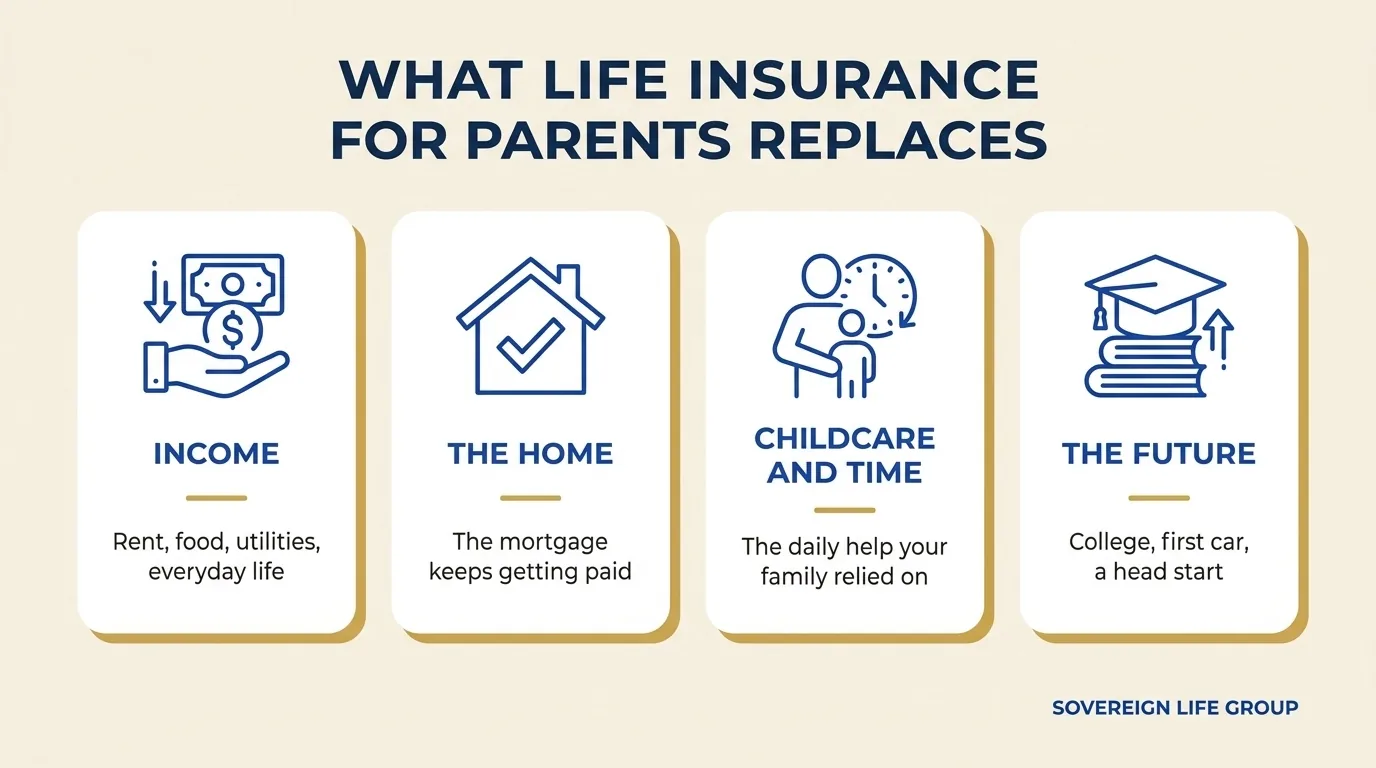 Diagram showing the four things life insurance for parents replaces: income, the home, childcare and time, and the future