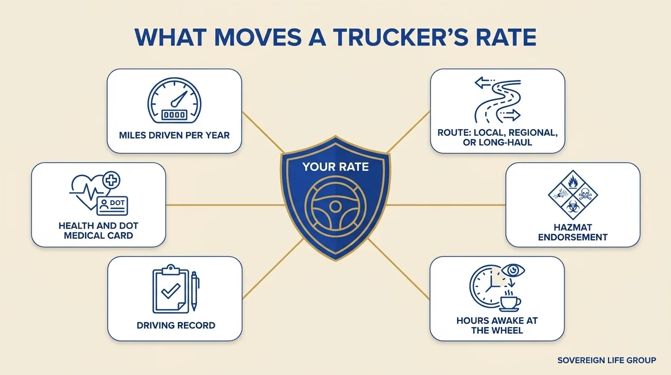 Diagram of the factors carriers weigh when pricing life insurance for truck drivers: miles driven, route type, hazmat, hours awake, driving record, and health