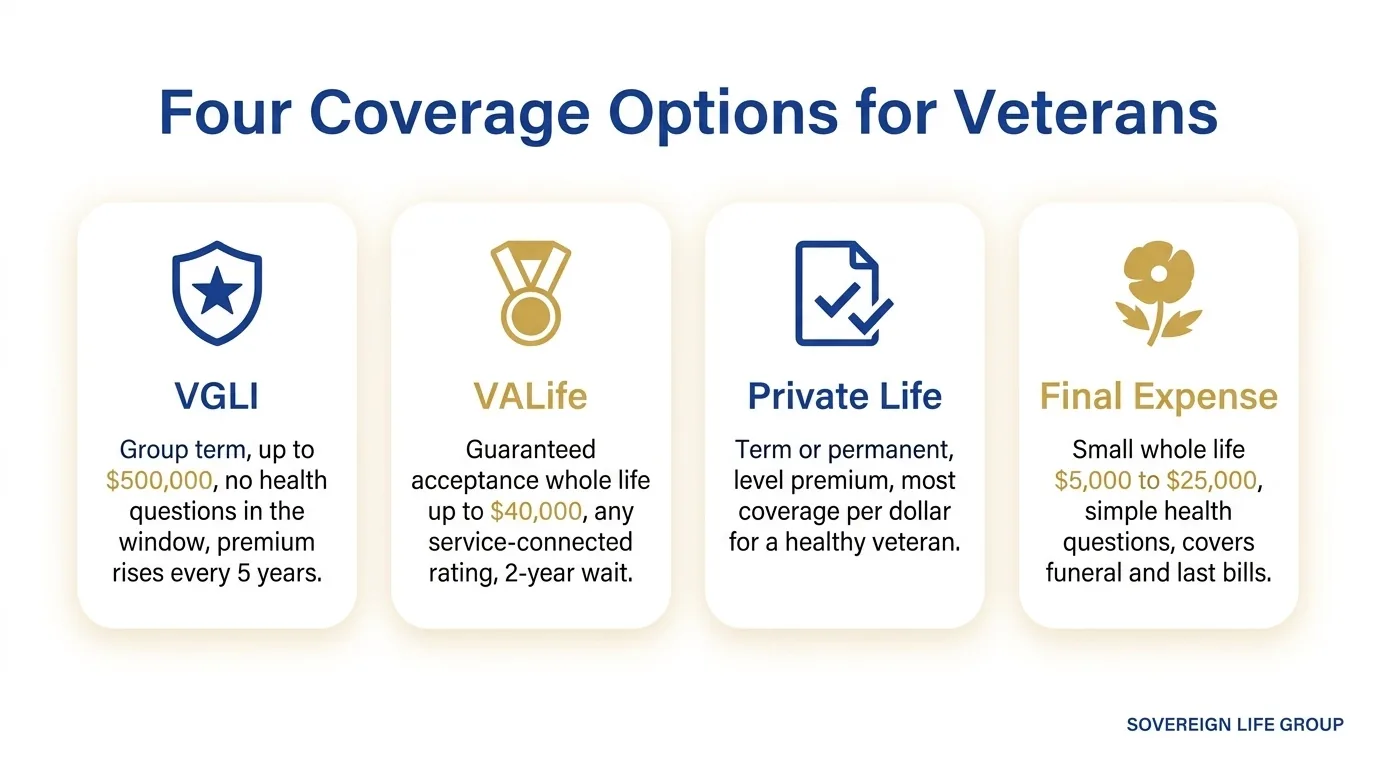 Diagram of the four life insurance options for veterans after service: VGLI group term, VALife guaranteed whole life, private term or permanent, and final expense