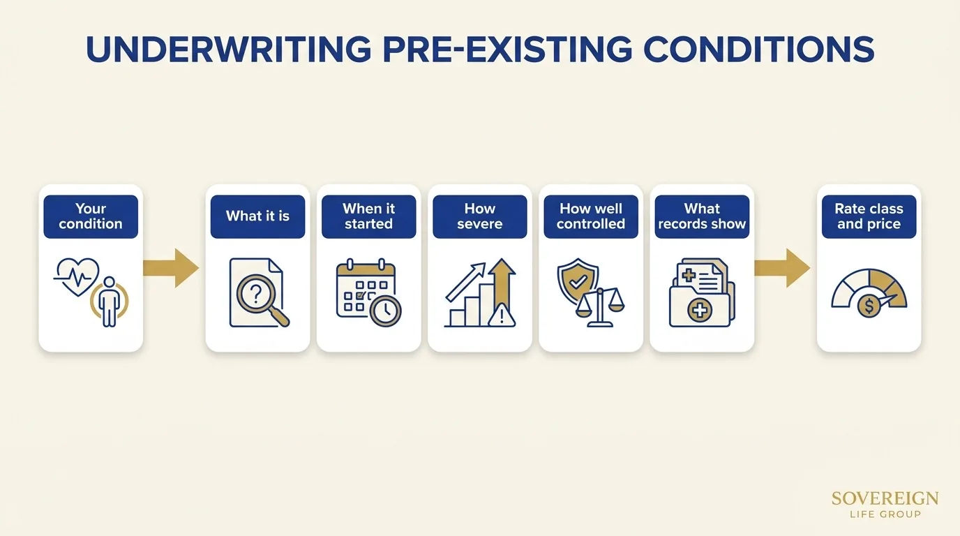 Diagram showing a pre-existing condition treated as an underwriting input, sorted by what it is, when it started, severity, control, and records into a rate class and price