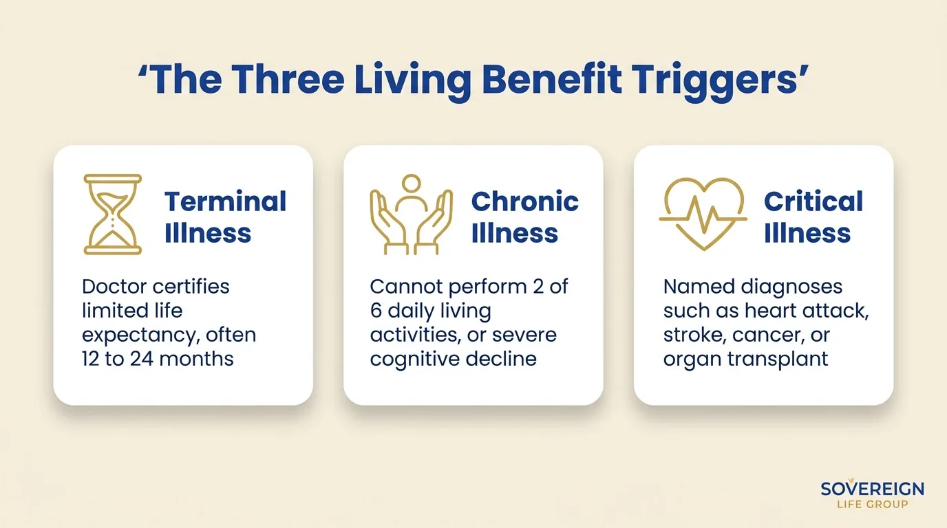 Diagram of the three living benefits life insurance triggers: terminal, chronic, and critical illness