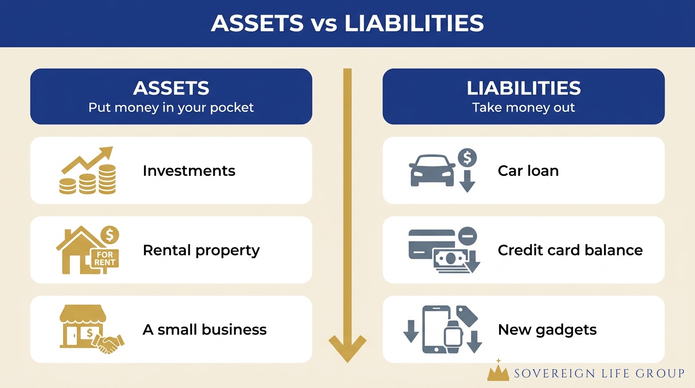 Diagram contrasting assets that put money in your pocket with liabilities that take money out, illustrating one of the money lessons wealthy parents teach their kids