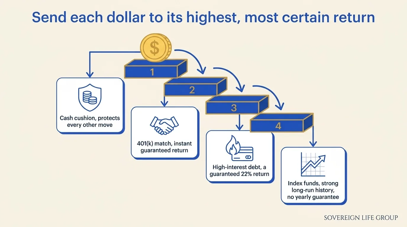 Diagram of where to send each dollar first when making the money moves that build wealth in your 30s and 40s