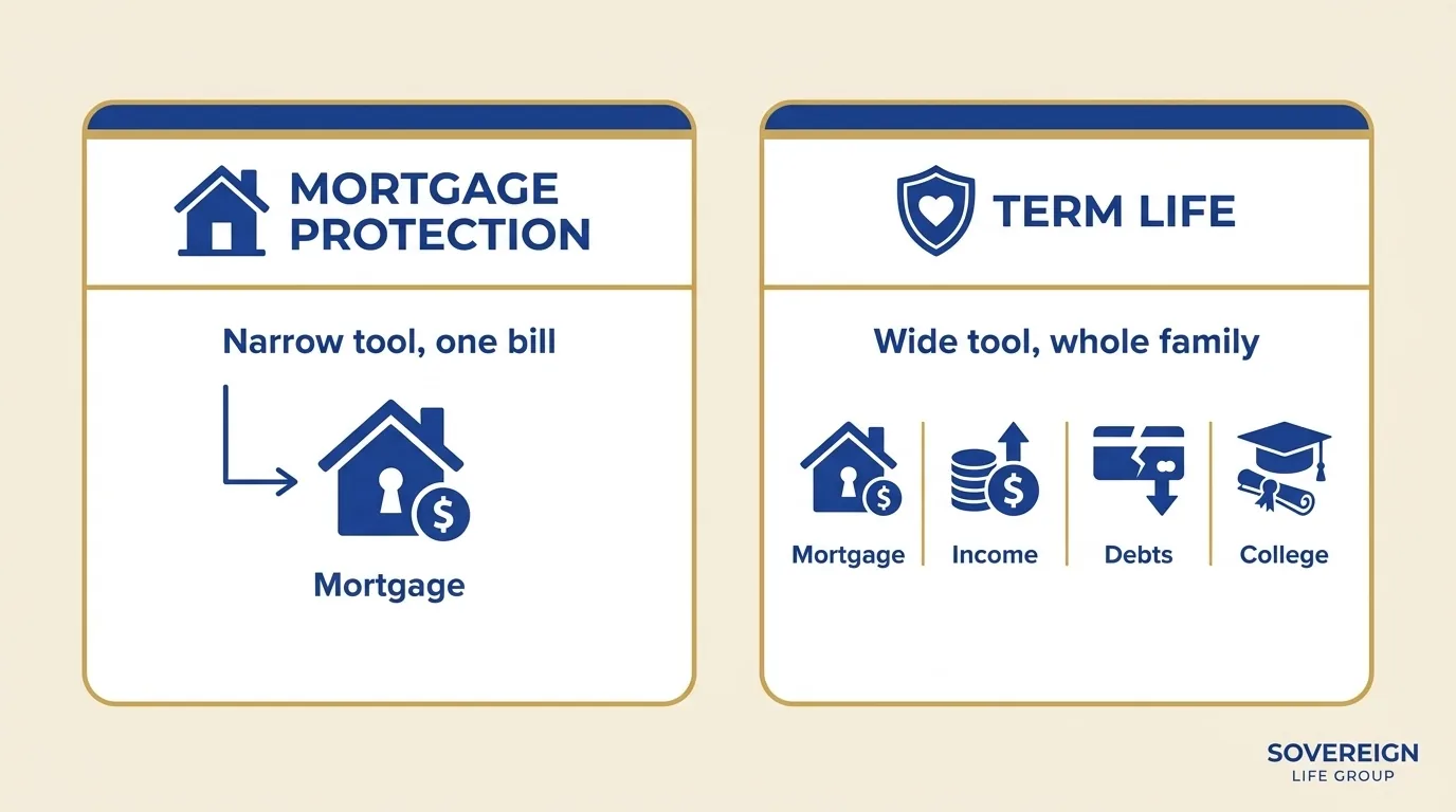 Mortgage protection vs term life diagram showing mortgage protection as a narrow tool for the mortgage and term life as a wide tool for mortgage, income, debts and college