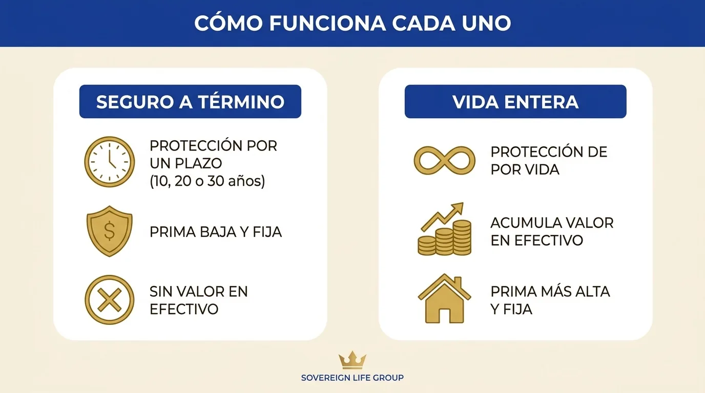 Diagrama que compara cómo funciona el seguro de vida a término vs entera lado a lado