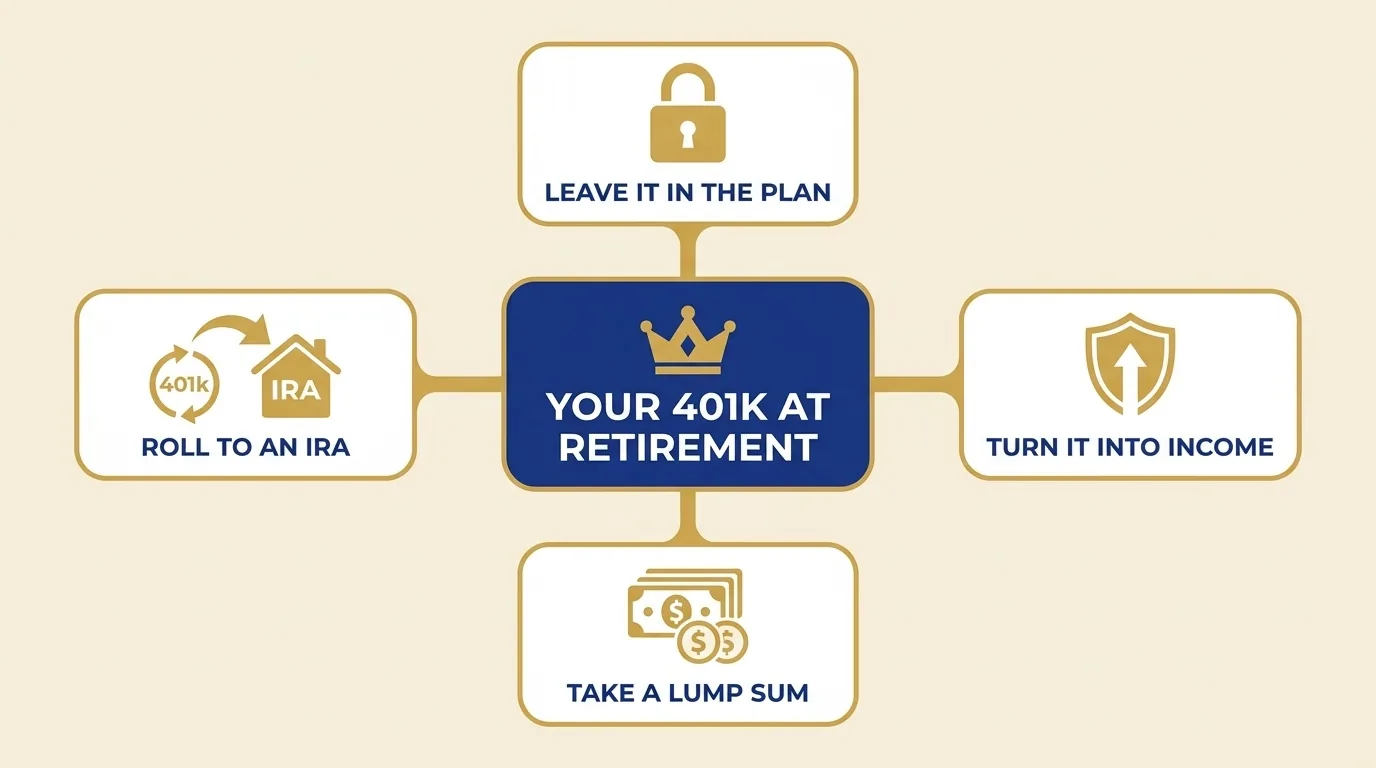 Flow diagram of the four options for what to do with a 401k when you retire: leave it in the plan, roll it over to an IRA, take a lump sum, or turn it into guaranteed income