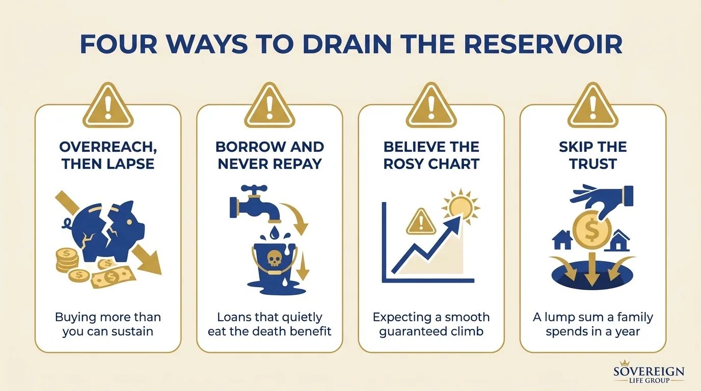 Four ways to drain the reservoir: overreach then lapse, borrow and never repay, believe the rosy chart, skip the trust