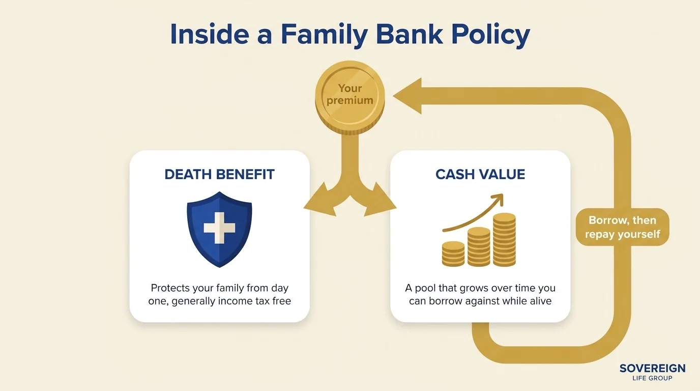 Diagram showing a life insurance premium splitting into a death benefit and a cash value you can borrow against