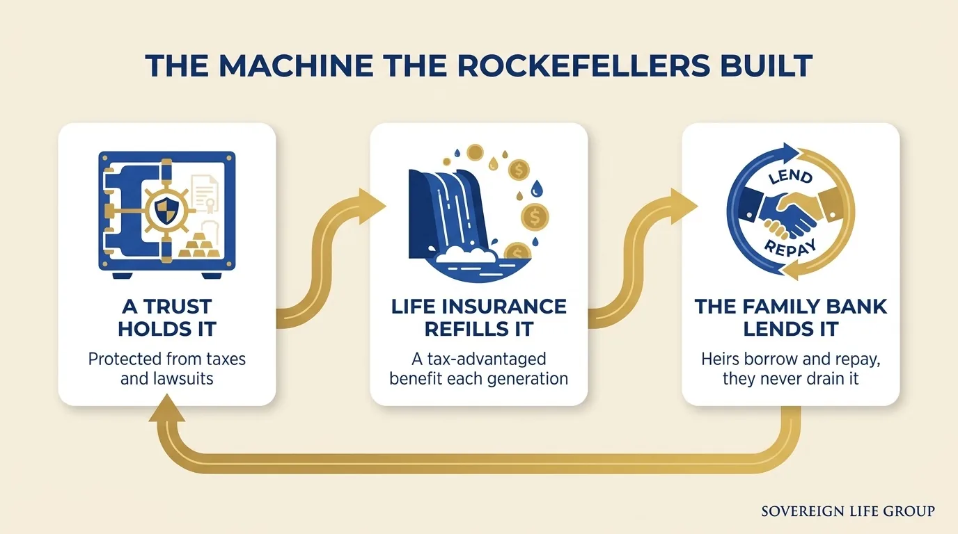 Diagram of the three parts of the Rockefeller family bank: a trust holds it, life insurance refills it, the family bank lends it