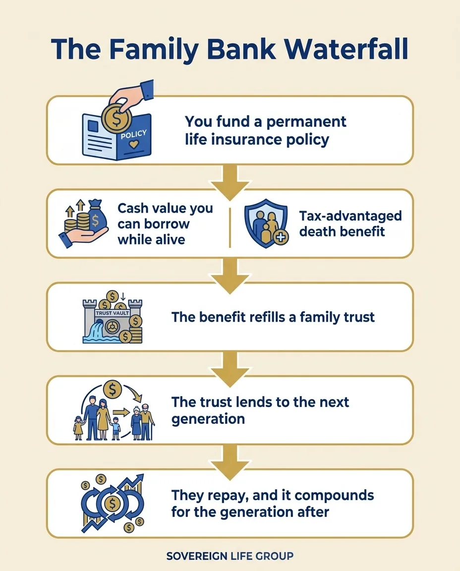 The Family Bank Waterfall diagram showing the five stages as one loop